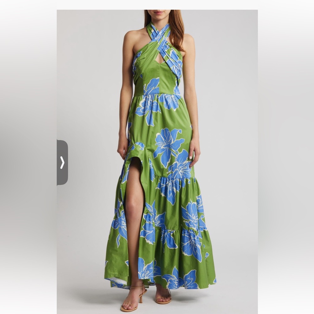 Hutch One Shoulder Green and Blue Floral Dress